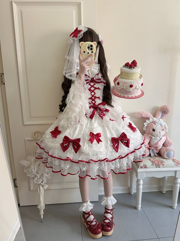 Sweet Princess Red and White Lolita JSK Dress, Veil and Bow Train Set - image 1