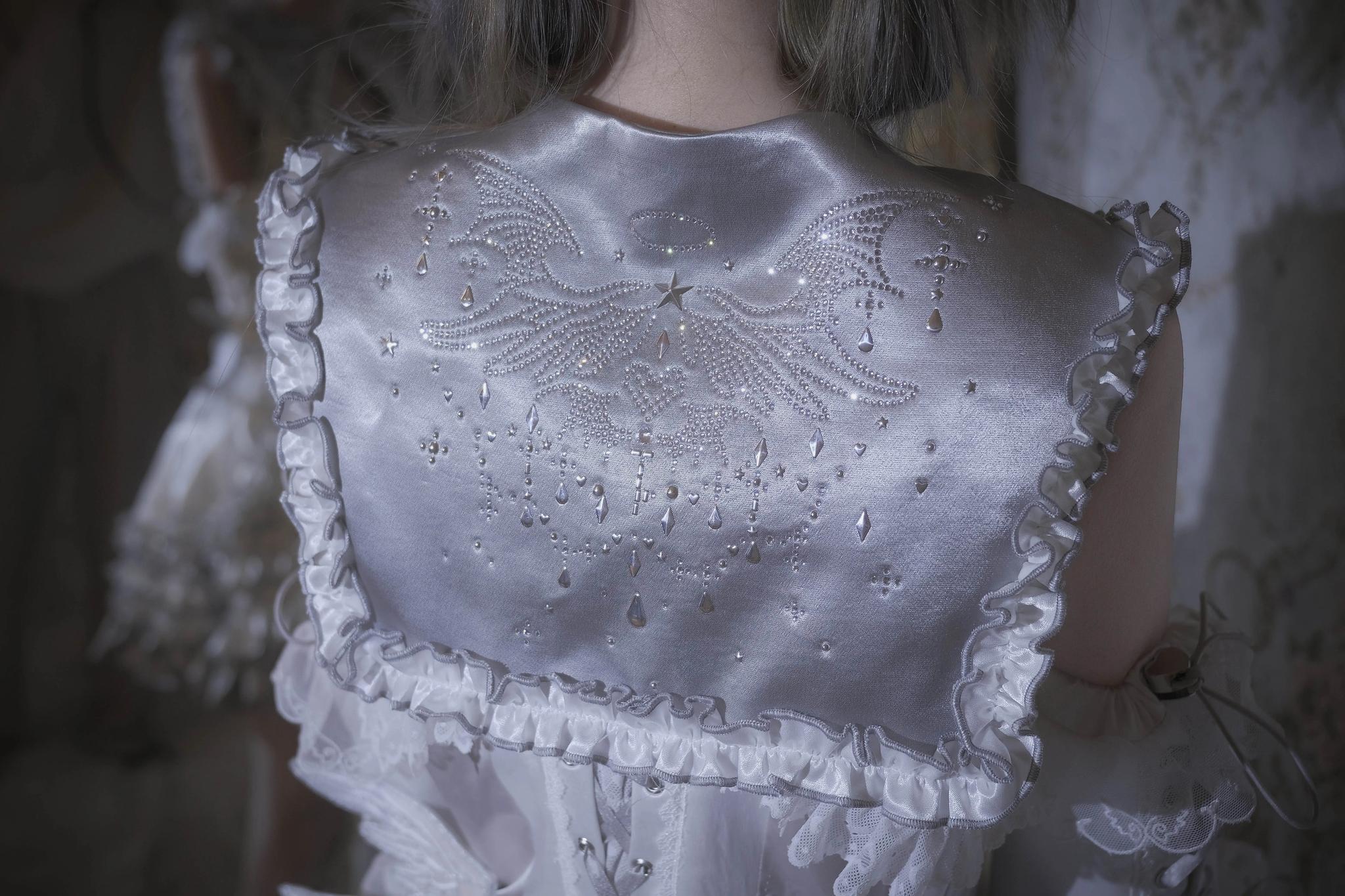 Metallic Angel - Silver-white Punk Lolita JSK, Wing and Rhinestone Details - image 17
