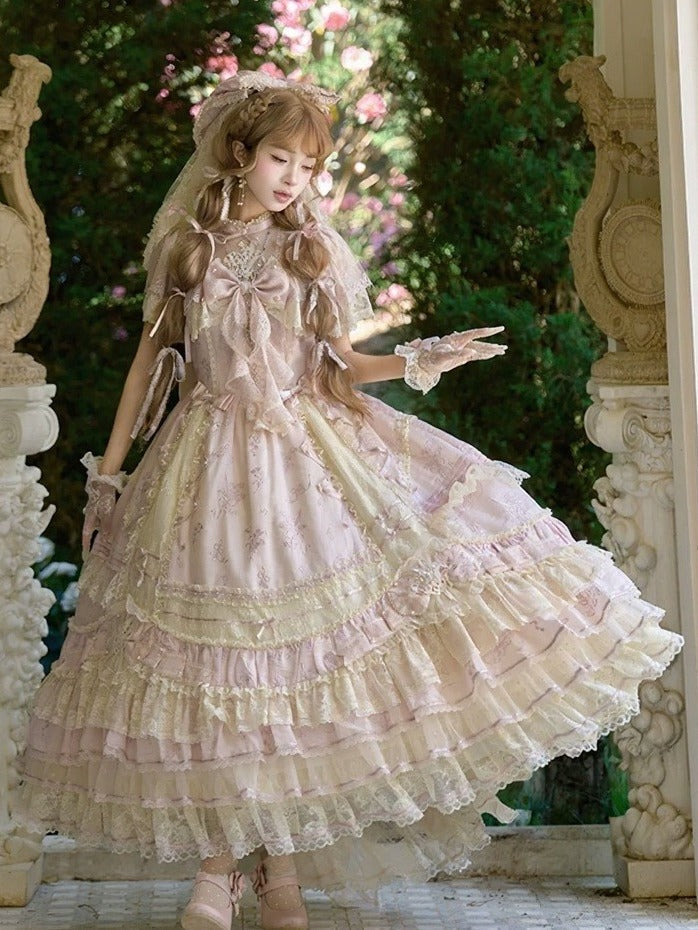 Refined Pink Lace-Trim Floral Embroidered Lolita Dress with Bow Train - Mademoiselle Pearl - image 3