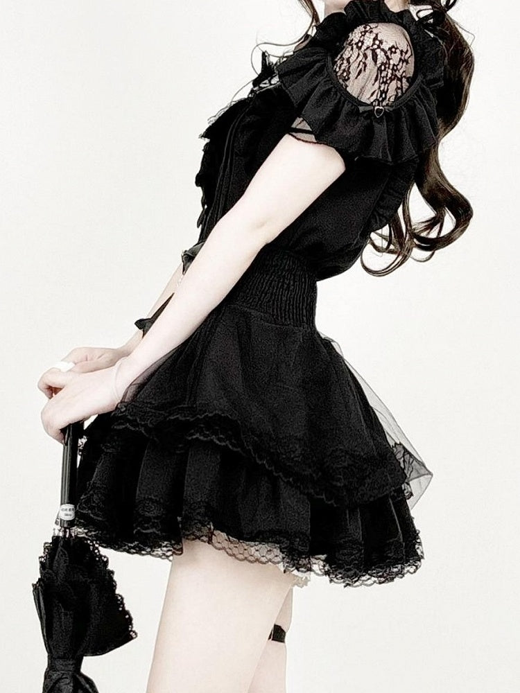 Midnight Lace-Shoulder Ruffle Blouse with Cutout Accents - AMAHAKAWA - image 3