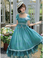 Teal Ruffle Classic Lolita OP Dress Set with Coordinating Accessories - image 3