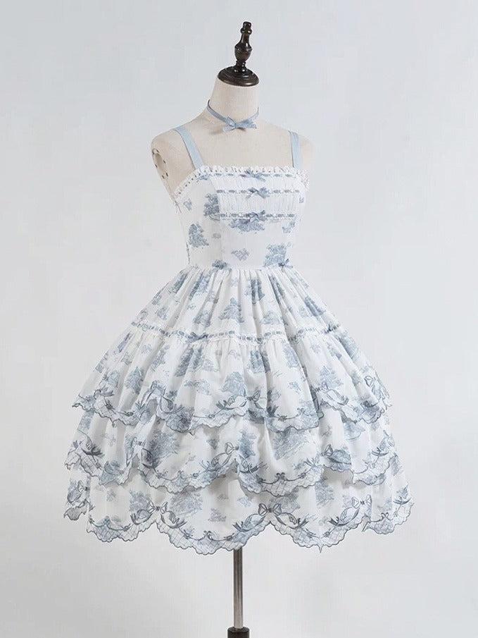 White and Blue Floral Embroidered Lolita JSK with Detachable Belt - image 1