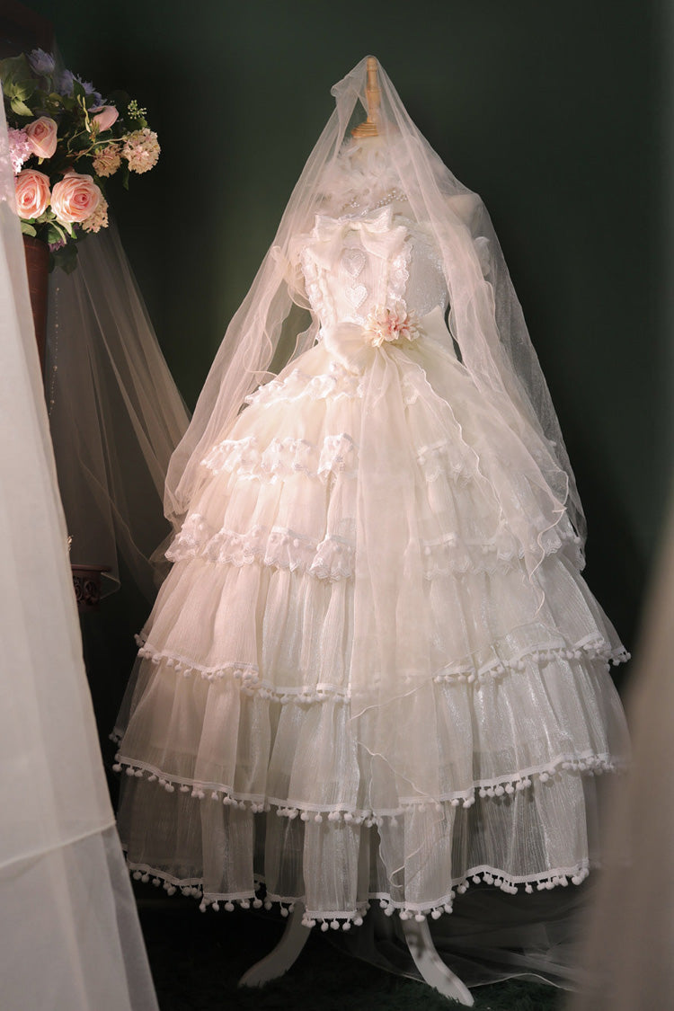 Multi-Layered Ruffled Bride Bow Pearl-Decorated Sweet Lolita JSK Dress Full Set 2 Versions - image 6
