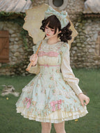 Green Floral Striped Lolita OP Set with Hair Clip and Choker - image 3