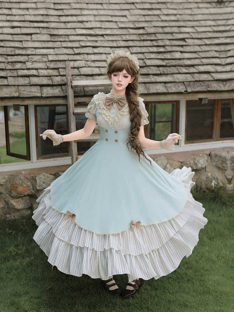 Beige and Blue Puff-Sleeve Lolita OP with Scalloped Hem and Butterfly Bows - image 10