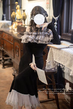 Night Cherry Blossoms Sweet Elegant Lolita Fishtail OP Dress in Black - image 2