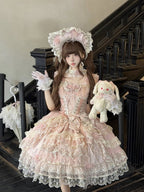 Pink Layered High-Low Lolita JSK Dress with Floral Bow Accents - image 6