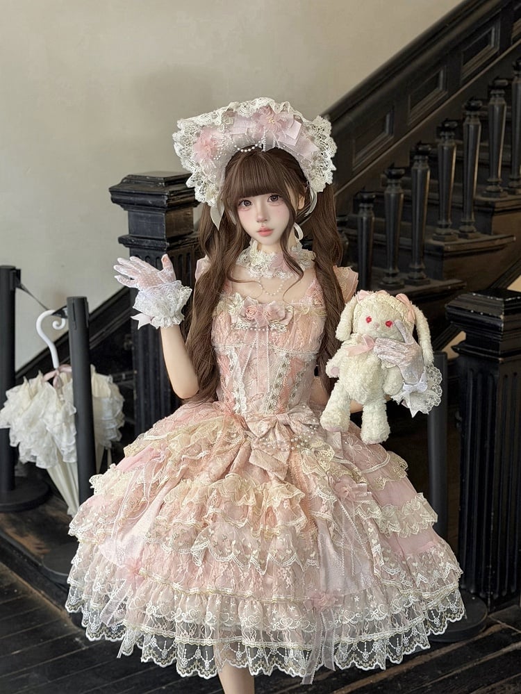 Pink Layered High-Low Lolita JSK Dress with Floral Bow Accents - image 6