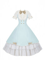 Beige and Blue Puff-Sleeve Lolita OP with Scalloped Hem and Butterfly Bows - image 2