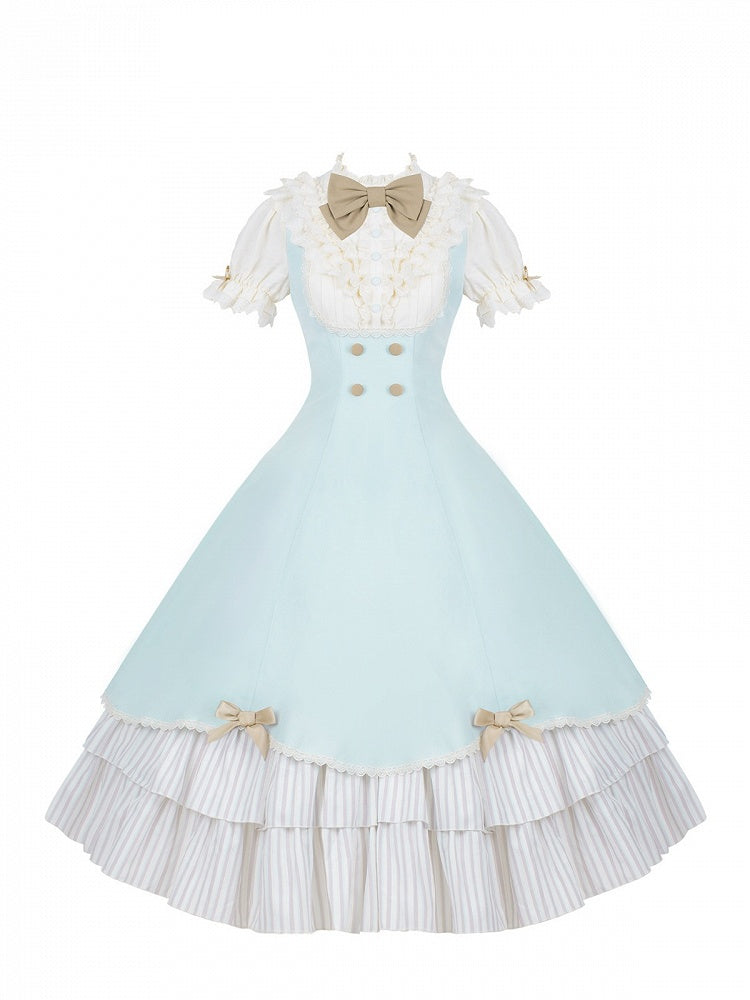 Beige and Blue Puff-Sleeve Lolita OP with Scalloped Hem and Butterfly Bows - image 2