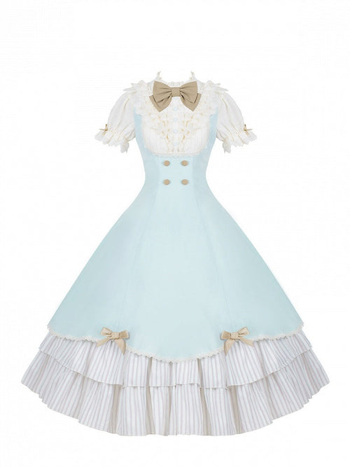 Beige and Blue Puff-Sleeve Lolita OP with Scalloped Hem and Butterfly Bows - image 2