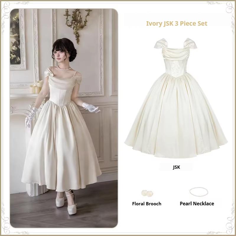 For Beloved - Classic Lolita Satin JSK Dress Set, Fishbone Waist - image 46