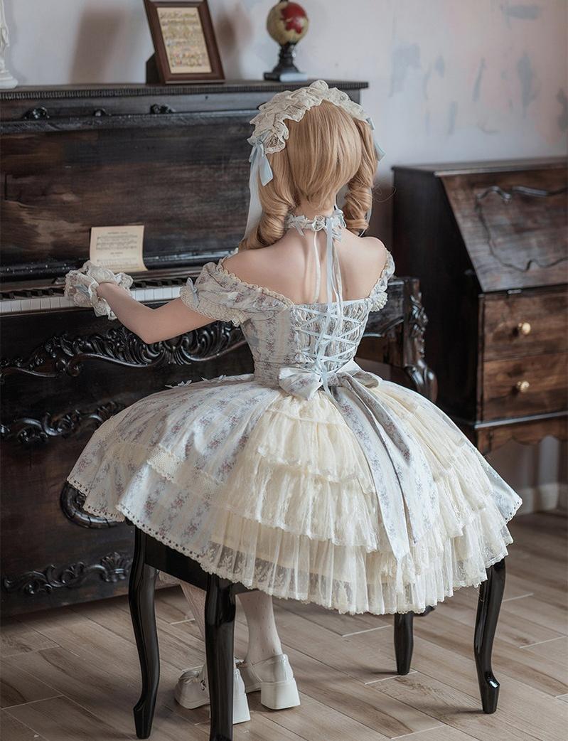 Garden Encounter of Three Springs - Cotton Old School Lolita Floral Print OP, Lace Back Opening and Accessories - image 16