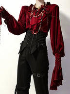 Crimson Poet Shirt with Floral Pins and Chain Accents - Shi Zhi Mao - image 1
