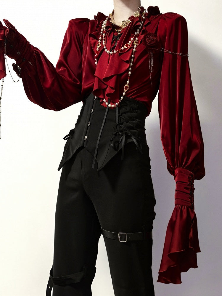 Crimson Poet Shirt with Floral Pins and Chain Accents - Shi Zhi Mao - image 1