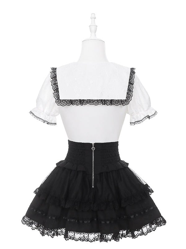 Black and White Jirai Kei Sailor Collar Blouse with Lace Detail - image 5