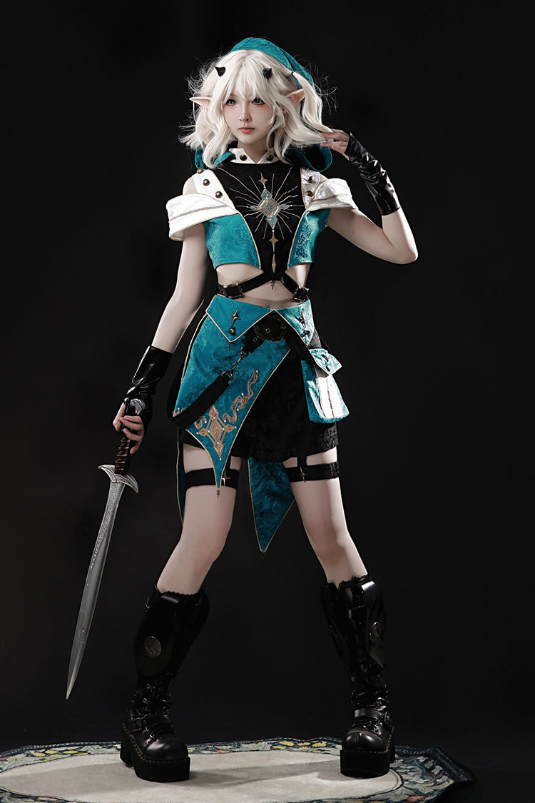 Traveler's Outfit Ouji Hooded Top and Shorts Set in Blue and Green - image 4