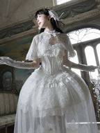 White Hime Lolita Elegant JSK Dress Cape Brooch and High-Low Overlay Set - image 5