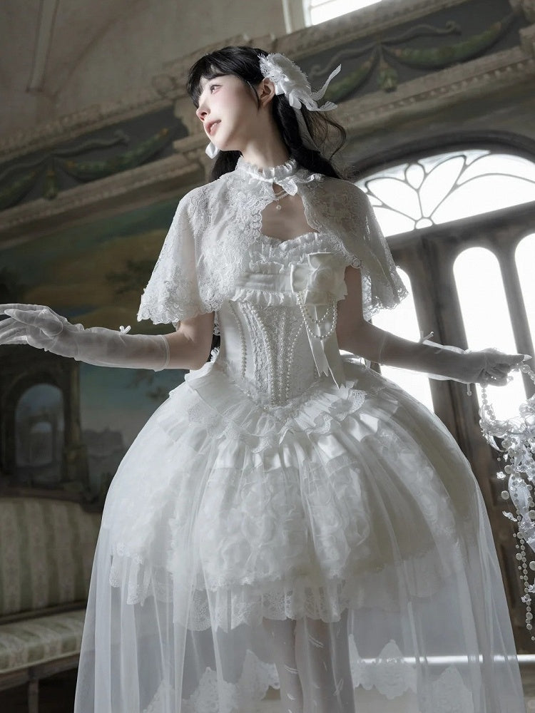 White Hime Lolita Elegant JSK Dress Cape Brooch and High-Low Overlay Set - image 5