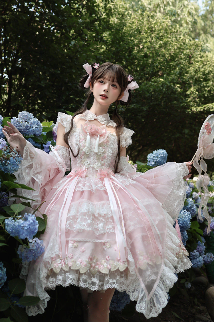 Spring Entwined with Cherry Clouds - Short Sleeves Embroidered Bow Lace Sweet Lolita Dress - image 6