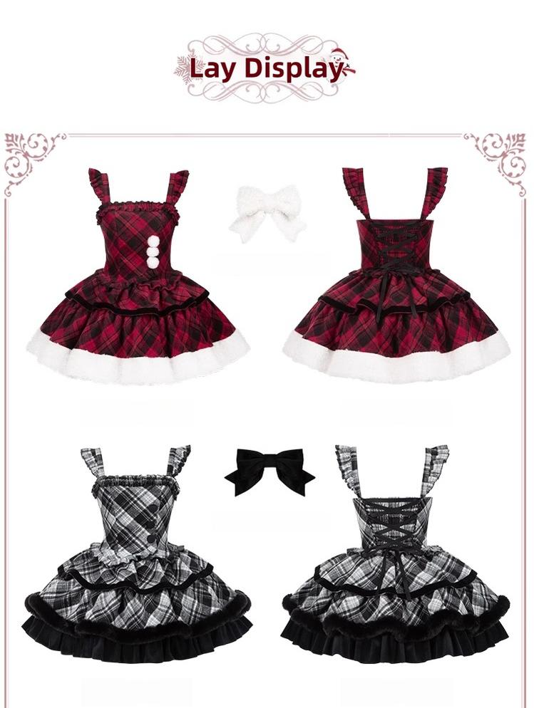 Snow Night Serenade - Fluffy Plaid Kawaii Lolita JSK, Reversible Cape and Accessories - image 28