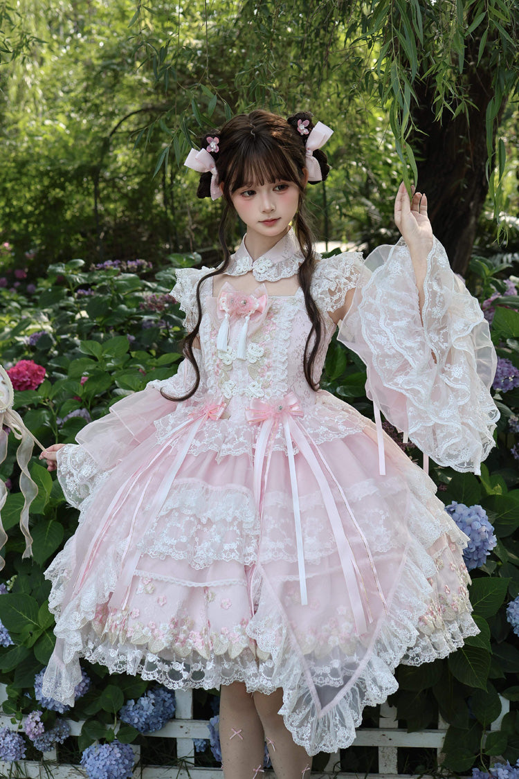 Spring Entwined with Cherry Clouds - Short Sleeves Embroidered Bow Lace Sweet Lolita Dress - image 1