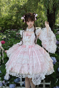 Spring Entwined with Cherry Clouds - Short Sleeves Embroidered Bow Lace Sweet Lolita Dress - image 1