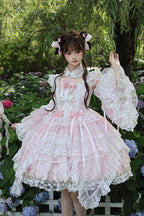 Spring Entwined with Cherry Clouds - Short Sleeves Embroidered Bow Lace Sweet Lolita Dress - image 1