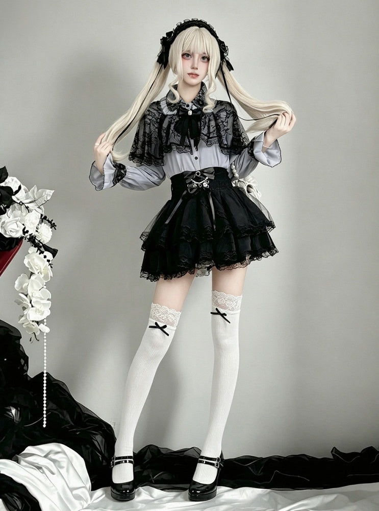 Midnight Blue Lace-Cape Blouse with Long Sleeves - AMAHAKAWA - image 5