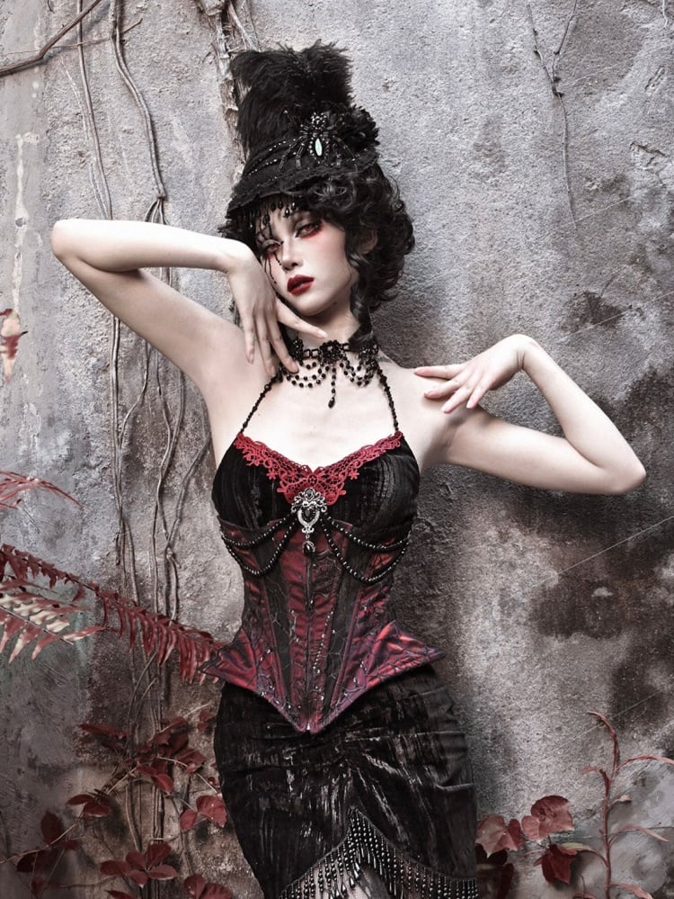 Goth Spiderweb Lace Wine Red Vampire Boned Corset - image 3