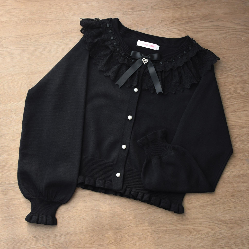 Graceful Dream - Retro Kawaii Lolita Sweater Cardigan, Ruffled Lace Neckline - image 5