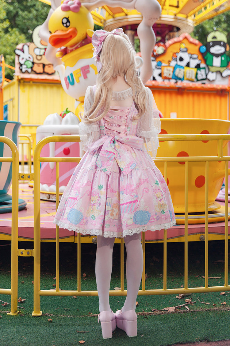 Macarons Dolly House - Square Collar Sleeveless Printed Bow Sweet Lolita JSK Dress - image 3