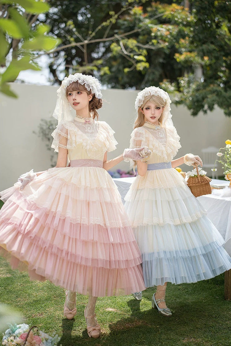 Sincere Vow - Edwardian Collar Short Sleeves Ombre Multi-Layered Ruffled Embroidered Sweet Lolita Dress - image 3