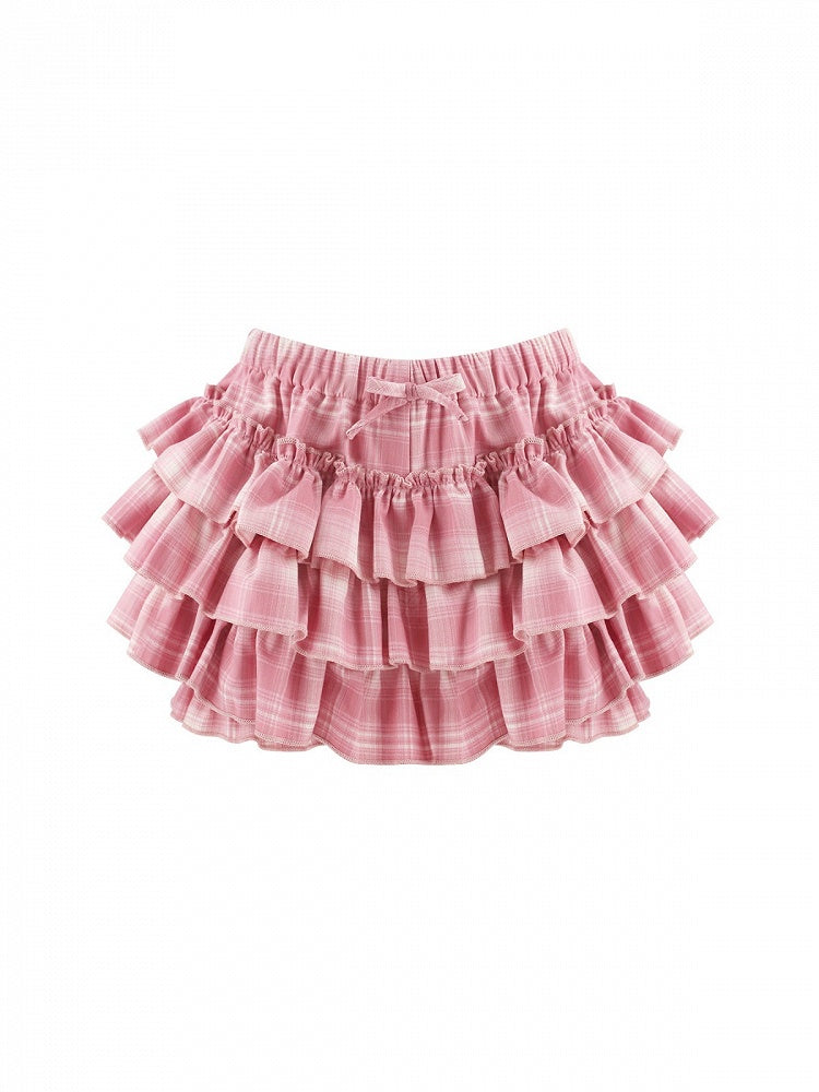 Dark Pink Plaid Tiered Skirt with Shorts - serendipity - image 1