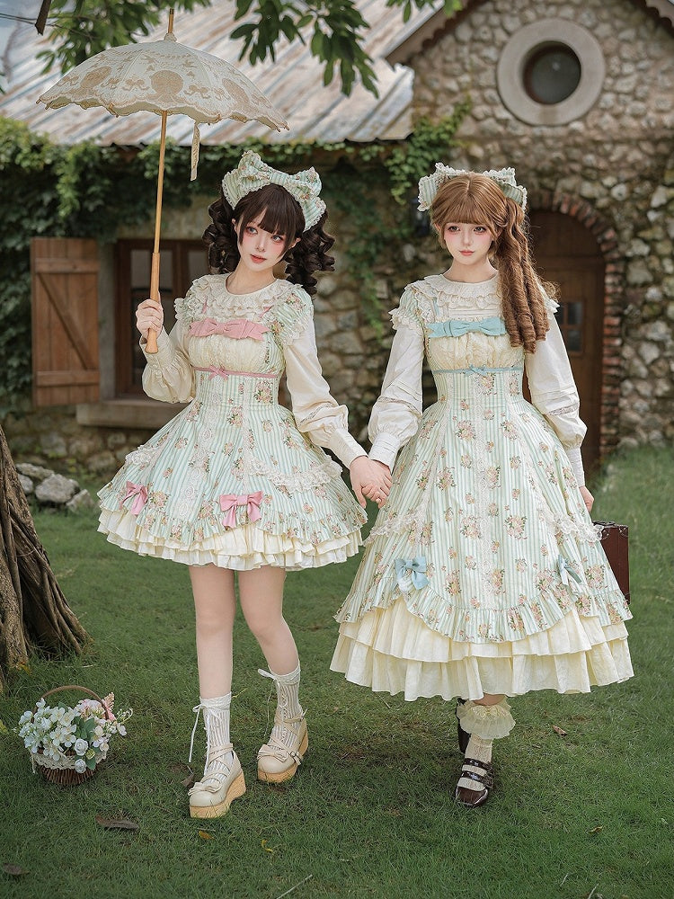 Green Floral Striped Lolita OP Set with Hair Clip and Choker - image 7