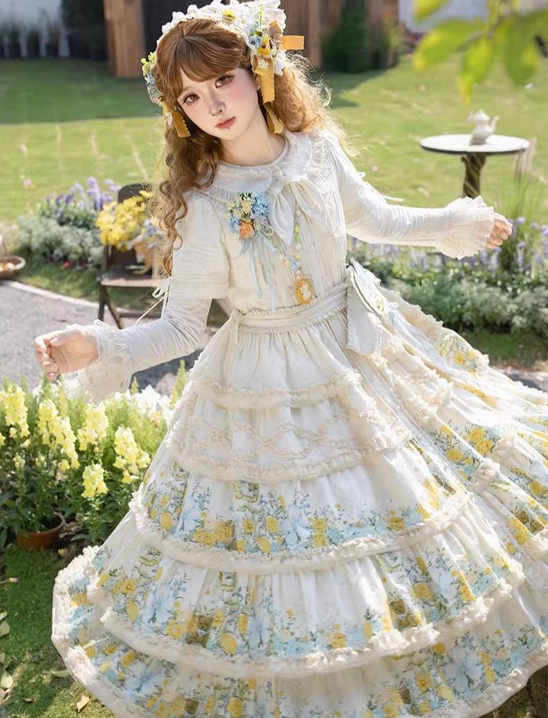 Flower Rabbit Bear - Country Lolita Tiered Skirt Dress, Floral & Bear Print and Accessories - image 11