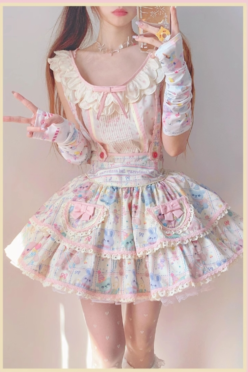 Starry Pudding Bear - Sweet Lolita JSK and Printed OP Dress - image 6