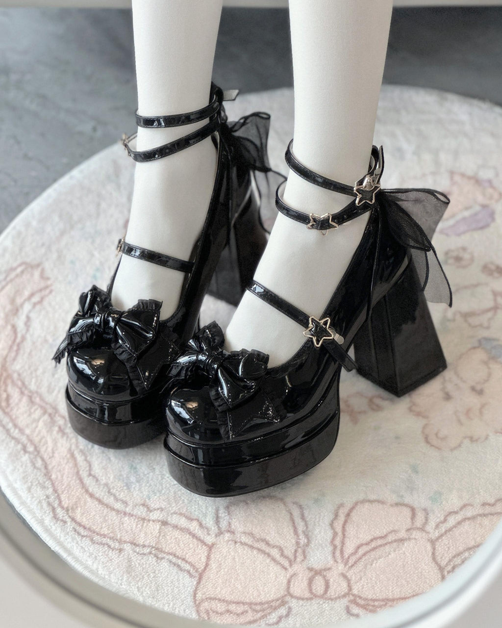 Puff Party - Elegant Lolita Chunky Heel Shoes with Bows and Straps - image 2