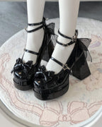 Puff Party - Elegant Lolita Chunky Heel Shoes with Bows and Straps - image 2