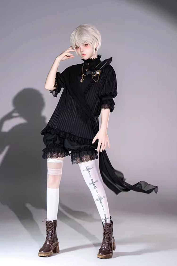 Black Gothic Ouji Lolita Top, Shorts and Scarf Set in 2 Sleeve Versions - image 14