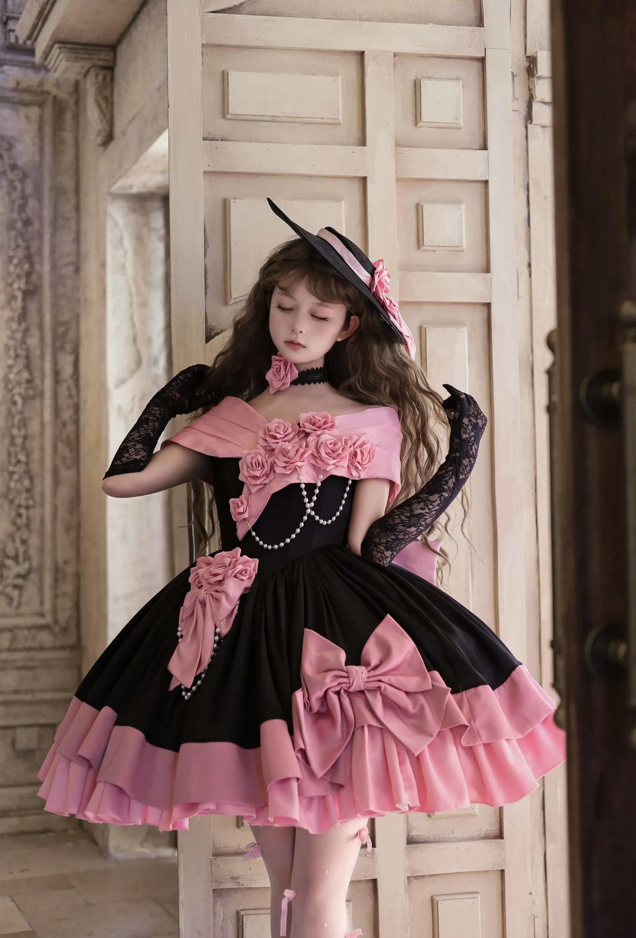 Casket Rose - Elegant Lolita Satin Corset Dress with 3D Pink Roses - image 4