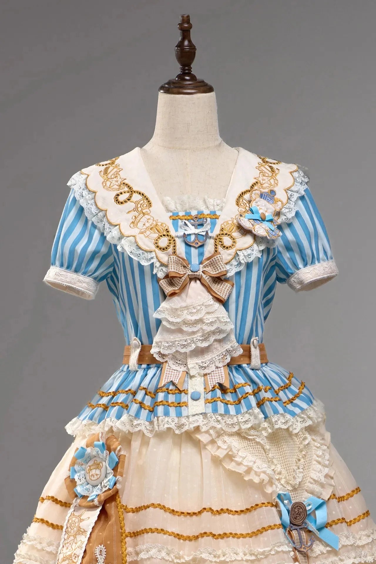 Antique Sailor Bear Blue Stripe Cropped Top Long Skirt Lolita Set - image 5