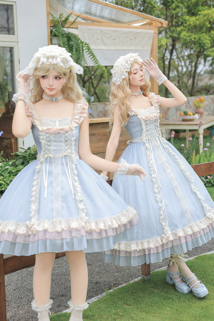 Island Diary - Square Collar Flutter Sleeves Triple-Layered Ruffled Lace-Up Sweet Lolita JSK Dress 2 Versions - image 4