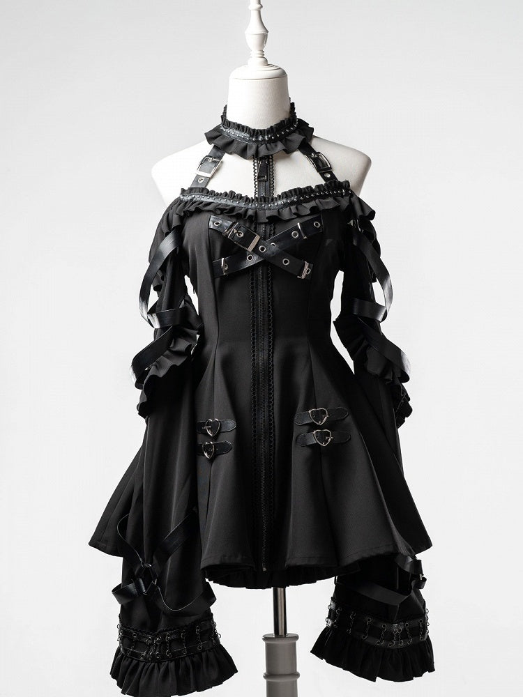 Black Halter Flare Long-Sleeve Dress with Leather Straps and Shorts Set - image 1