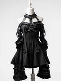 Black Halter Flare Long-Sleeve Dress with Leather Straps and Shorts Set - image 1