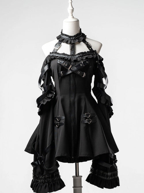 Black Halter Flare Long-Sleeve Dress with Leather Straps and Shorts Set - image 1