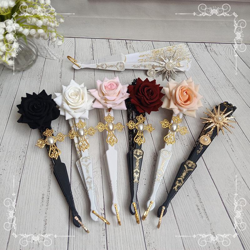 Gothic Lolita Lace Folding Fan with Rose and Sun Options - image 1
