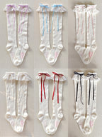 Cotton Old School Lolita White Socks with Colorful Ribbon Bows - image 3