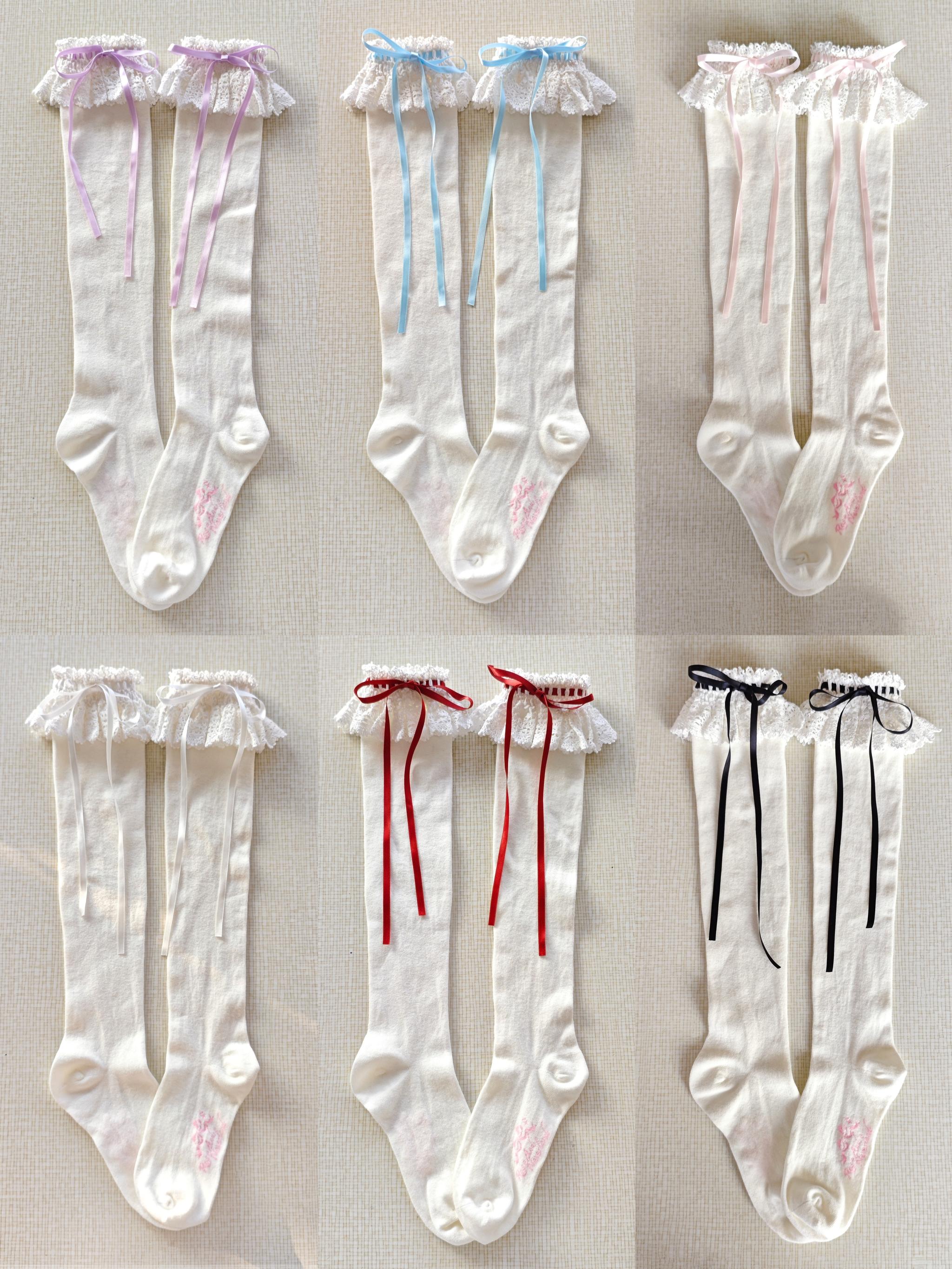 Cotton Old School Lolita White Socks with Colorful Ribbon Bows - image 3