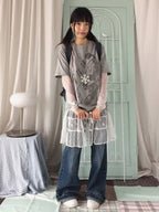 Gray Crew Neck Tee with Distressed Print - innomoood - image 3